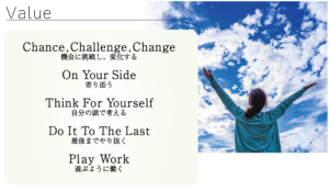 Chance,Challenge,Change機会に挑戦し、変化する　On Your Side寄り添う　Think For Yourself自分の頭で考える　Do It To The Last最後までやり抜く　Play Work遊ぶように働く